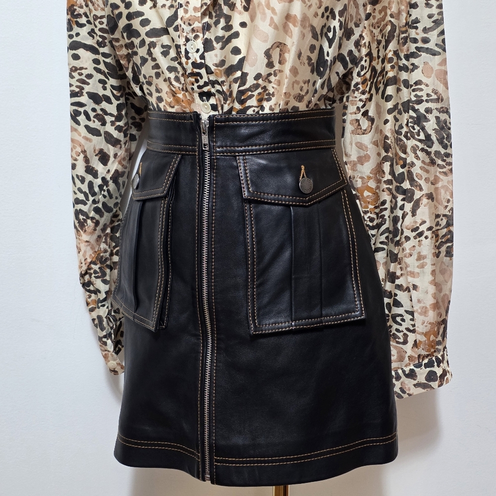 C/MEO Black 100% Sheep Leather Zip Up Mini Skirt W/ Pockets